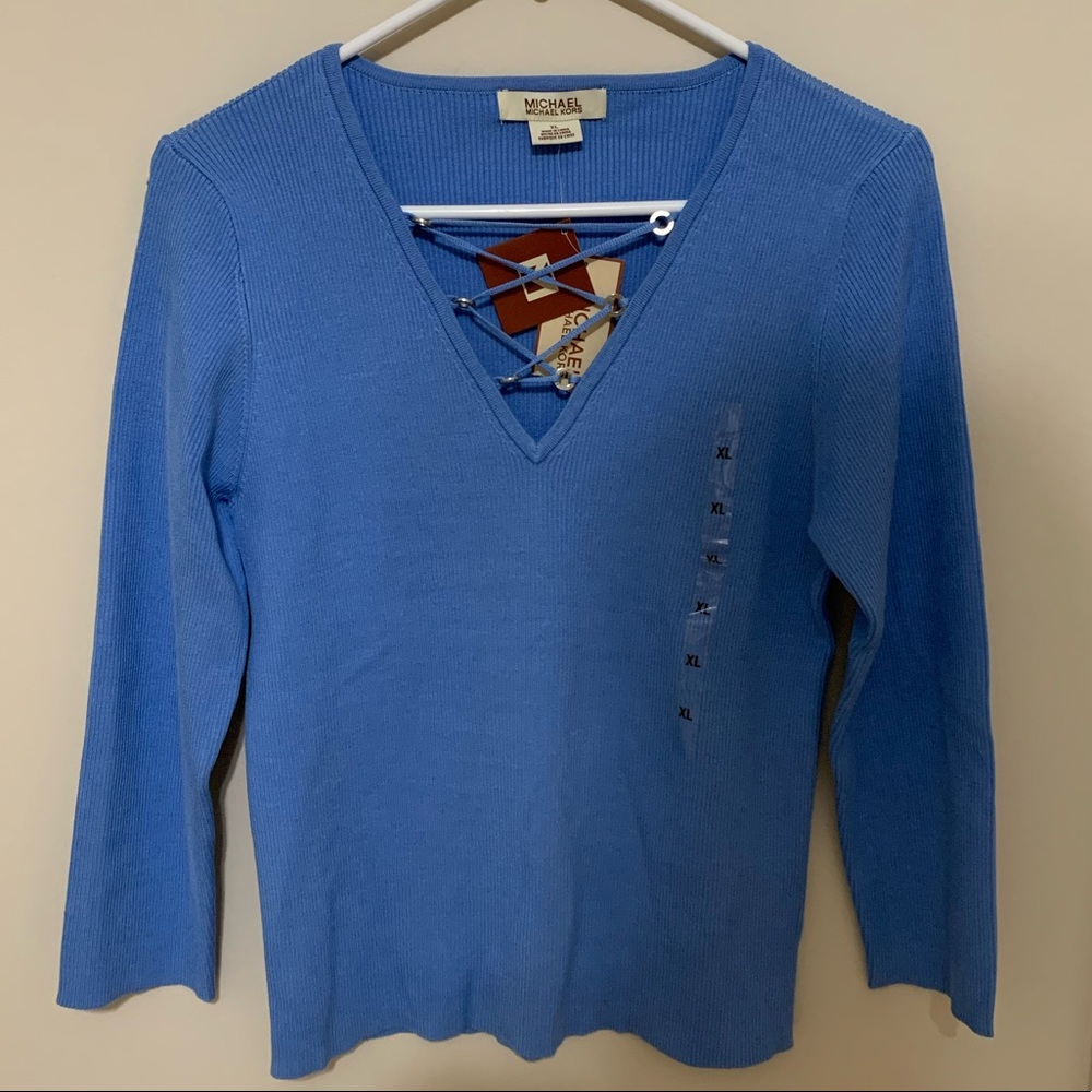 NWT Michel Kors Blue Long Sleeve Sweater with Lace Up Detail XL
